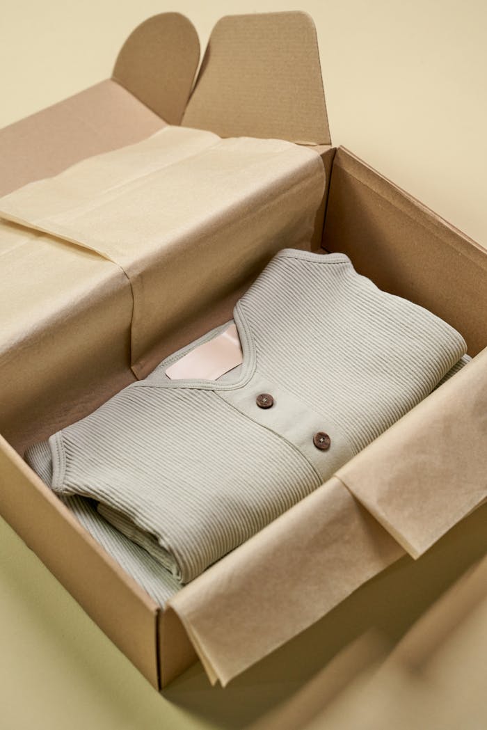 our-story A neatly folded green knit garment in eco-friendly packaging box with tissue paper.